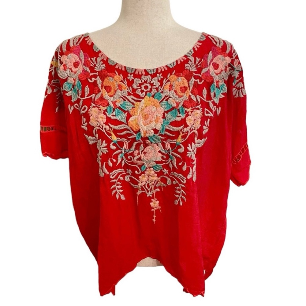 Johnny Was Embroidered Red Floral Top Medium